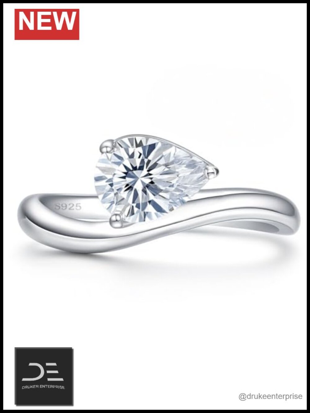 Pear Moissanite Solitaire Engagement Ring, 1.5CT D Color VVS1, 925 Sterling